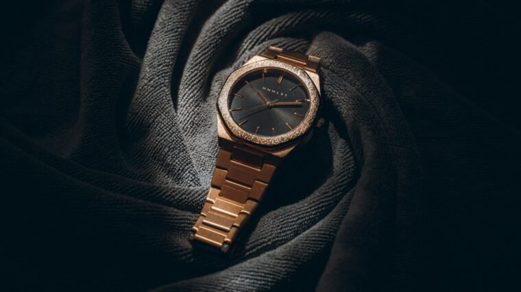 a rose gold watch resting on dark fabric